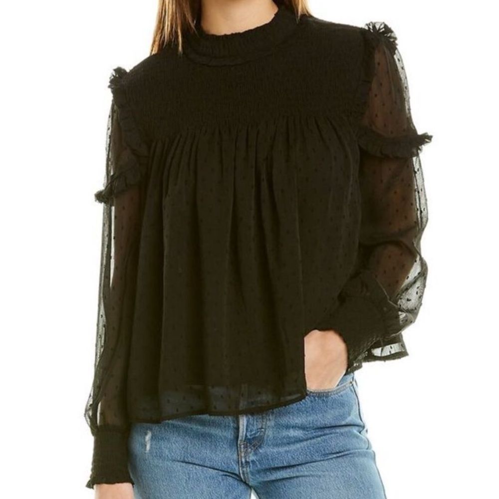 NEW English Factory Swiss Dot Smocked Ruffle Black Mock Neck Blouse Size Small